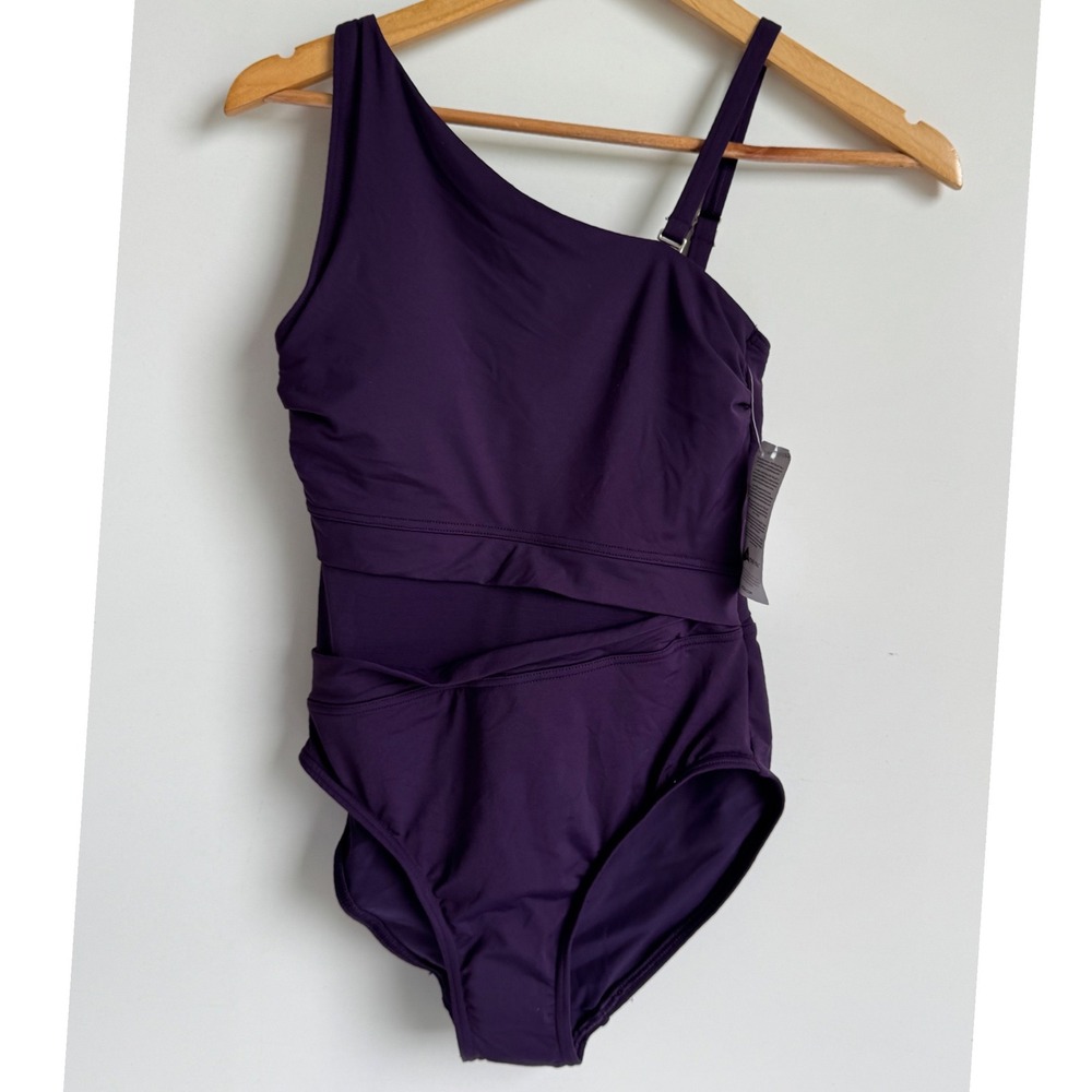 Lands End One Shoulder Mesh Cutout One Piece Swimsuit Purple Plum Lycra 2 beach